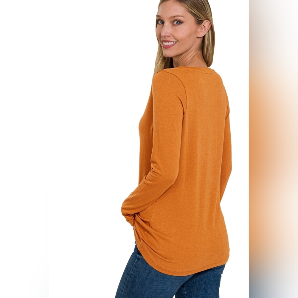 NEW Zenana Cotton v-neck long sleeve Tee ~ Almond - Picture 2 of 3